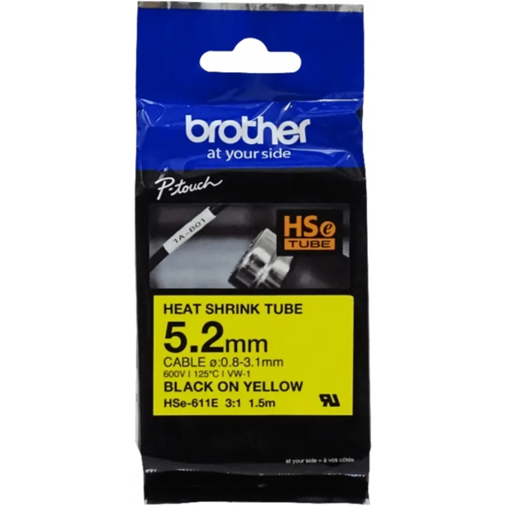 Imagen 1 de HSe611e. Tubo BROTHER 5,2mm Am Termo retractil 0,8-3,1mm Negro en Amarillo de 1,
