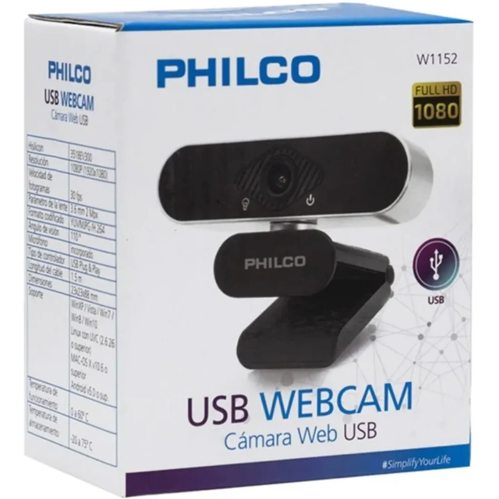 Open Box - Cámara Web Philco W1152 1080p 30fps Cableado USB 1.5m para Mac Linux Android Win (Caja Abierta)