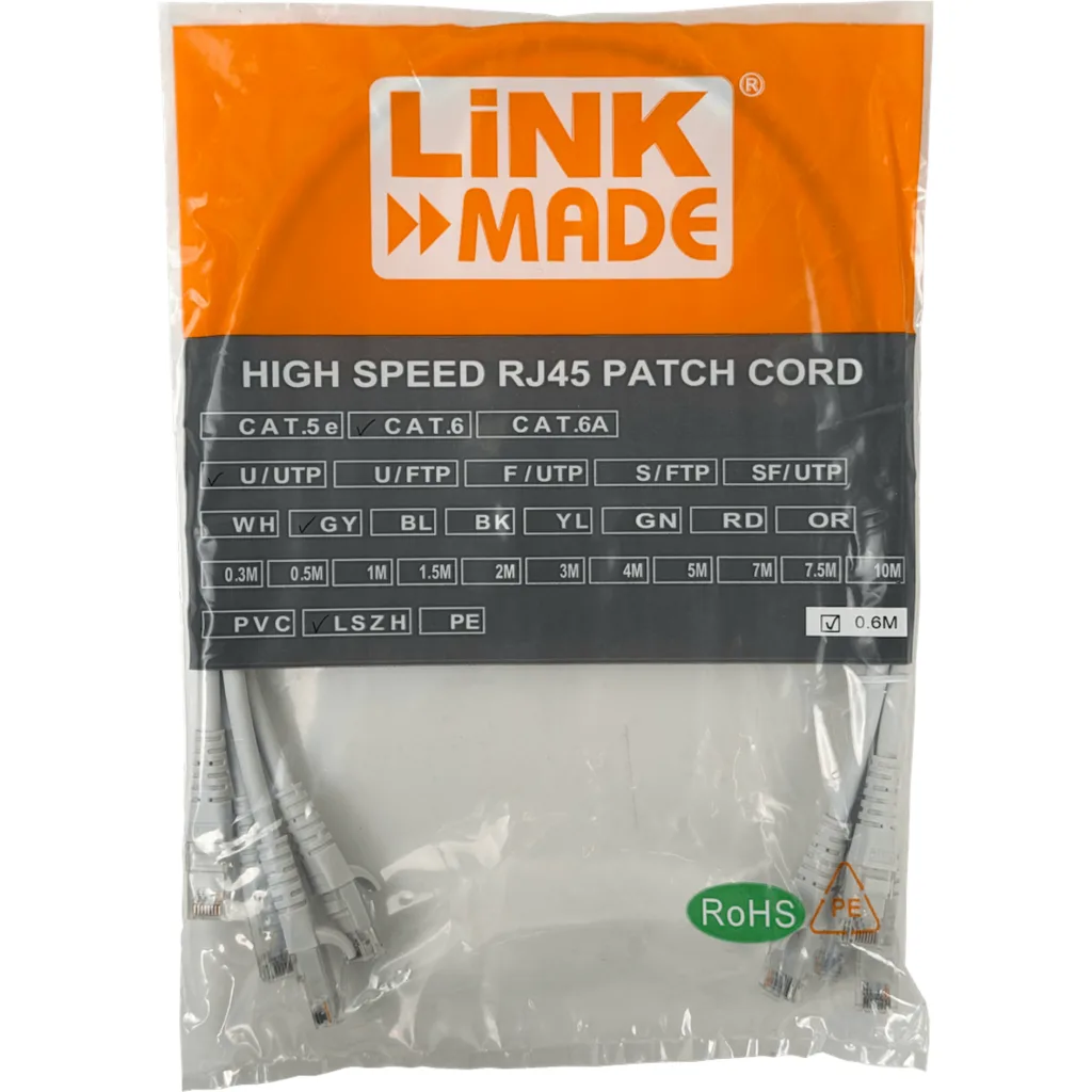 Imagen 2 de Cable de Red Linkmade CAT6 LSZH 60cm 4x0.6mt Inyectado Multifilar GRIS (4 Unid)