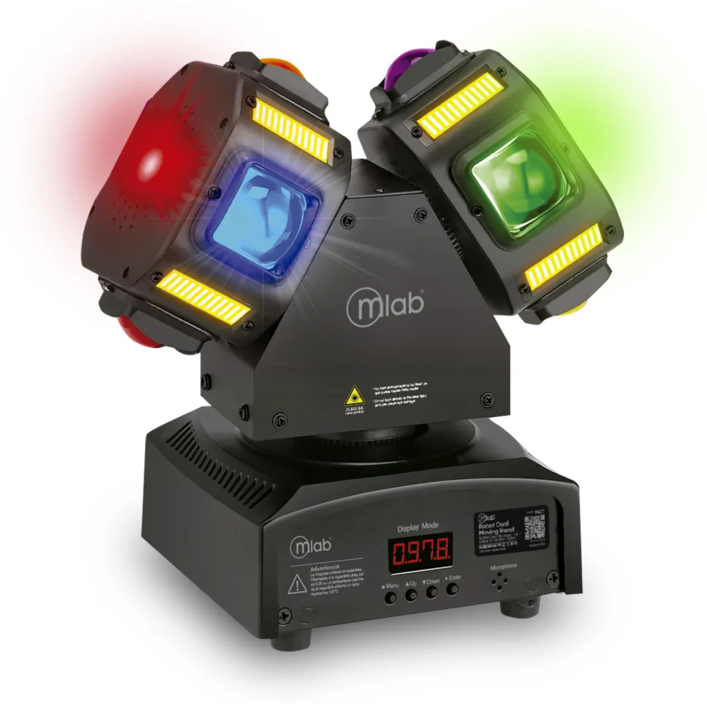 MLAB LUZ FIESTA ROBOT DUAL MOVING HEAD LASER STROBE 16 LED MIC MUSIC RGBW 3 EN 1