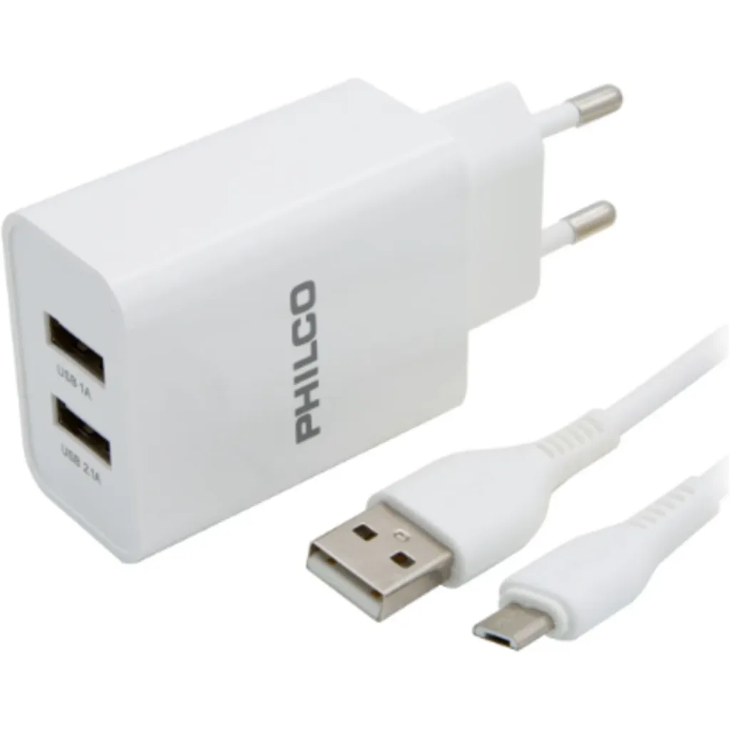 CARG. DE PARED 2.1 A DOBLE USB C/CABLE MICRO R2100 BLANCO