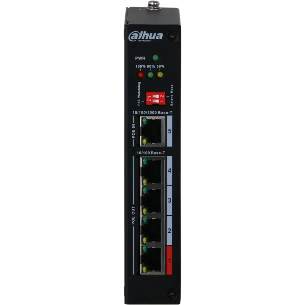 DH-PFT1500. Extensor PoE Dahua de 5Puertos 4 puertos 100 Mbps de salida de PoE y 1 Puerto 1000 Mbps de Entrada PoE, a riel din