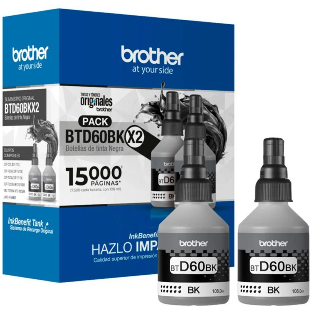 Pack 2x Botella de Tinta Brother BTD60BK Negra Comp DCPT710 MFCT910 108ml 7500Pá