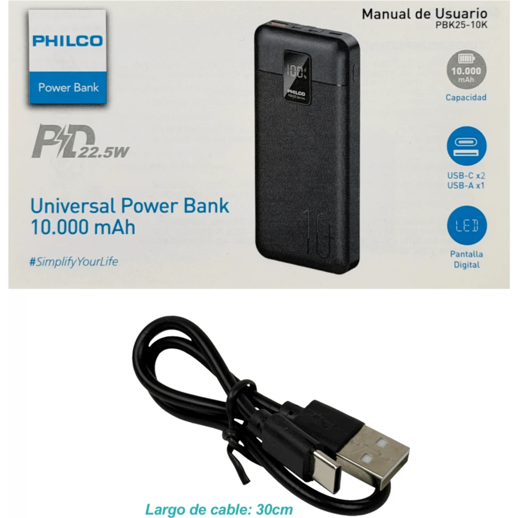 Imagen 2 de PHILCO Banco de Bateria 10000mAh 2-USB-C USB-A 37Wh Max-22,5W Portatil