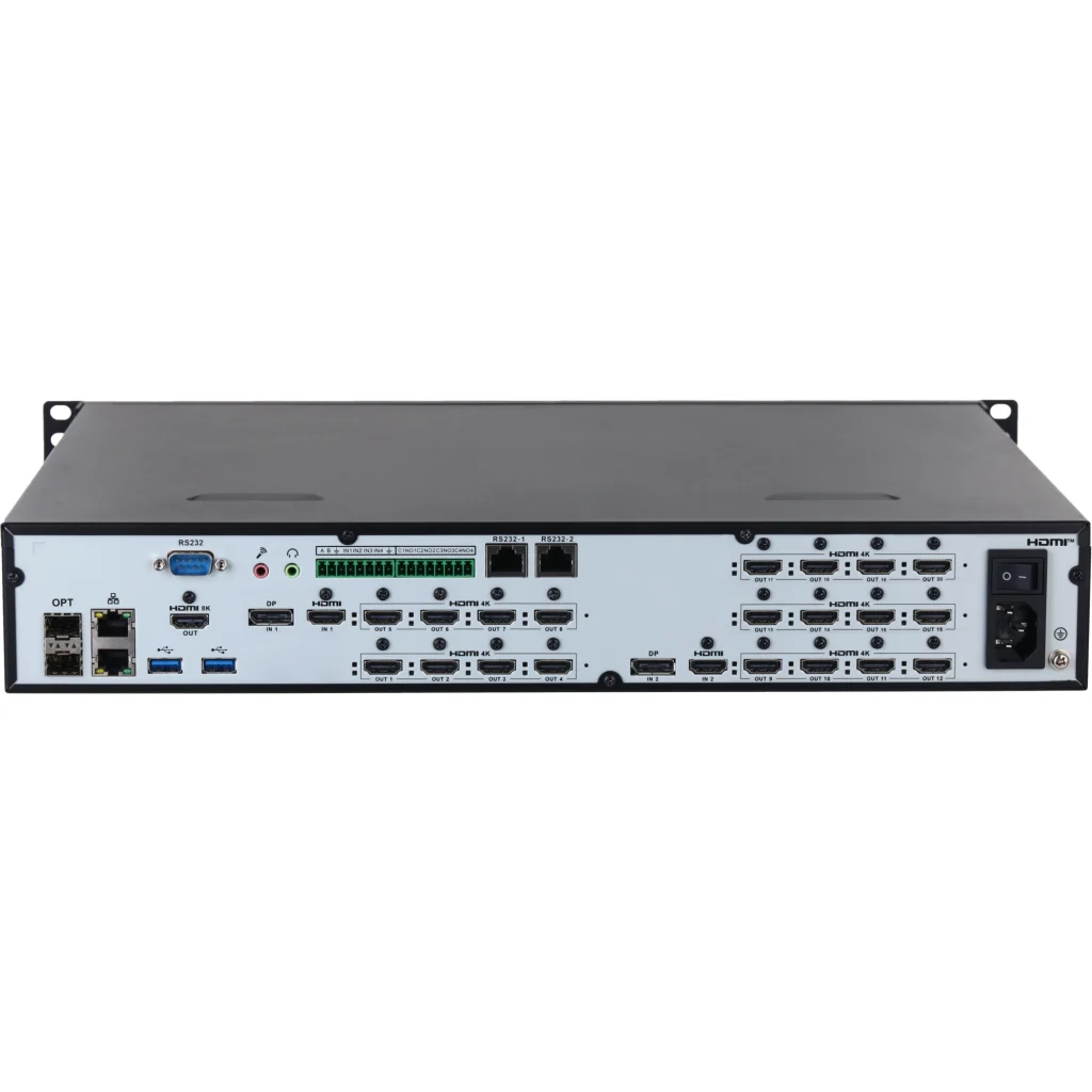 Imagen 2 de Decodificador Dahua DHI-NVD2005DU-4I-8K-4H UHD de 20x HDMI, decodifica hasta 10 canales 32 MP o 180 canales 1080p. Admite video wall de 20 pantallas, IA, LAN ópticas y Gigabit para monitoreo avanzado