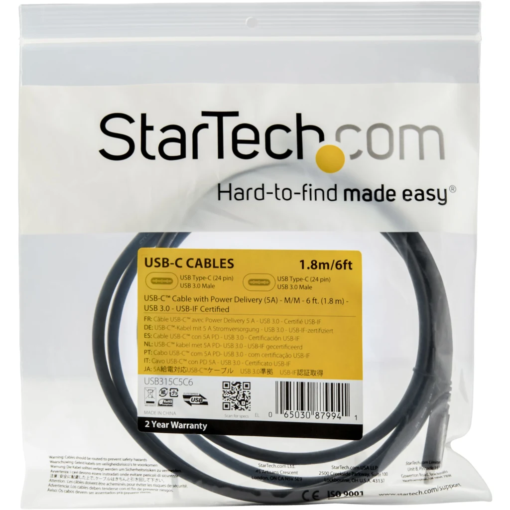 Imagen 5 de StarTech.com Cable de 1,8m USB-C a USB-C con capacidad para Entrega de Alimentación de 5A - USB TipoC - Cable de Carga USBC - USB 3.0 - Cable USB - USB-C (M) recto a USB-C (M) recto - USB 3.0 - 5 A - 1.8 m - compatibilidad con 4K - negro - para P/N: SV211HDUC
