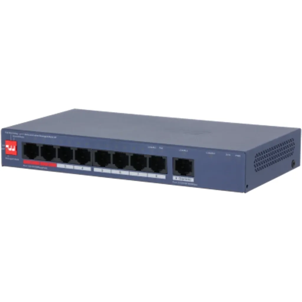 Imagen 2 de DH-CS4009-8ET1GT-110. Switch PoE Dahua, 8 puertos 10/100M y 1 puertos Uplink 1000, Total de potencia 110W, Soporta distancia hasta 250M.