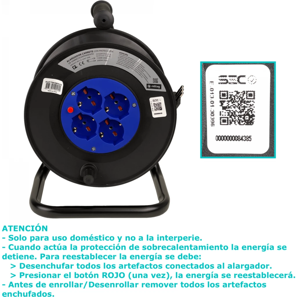 Imagen 1 de Alargador Eléctrico de Carrete 4 Tomas Multinorma Hembra 16A 250V 25mts - Rittig