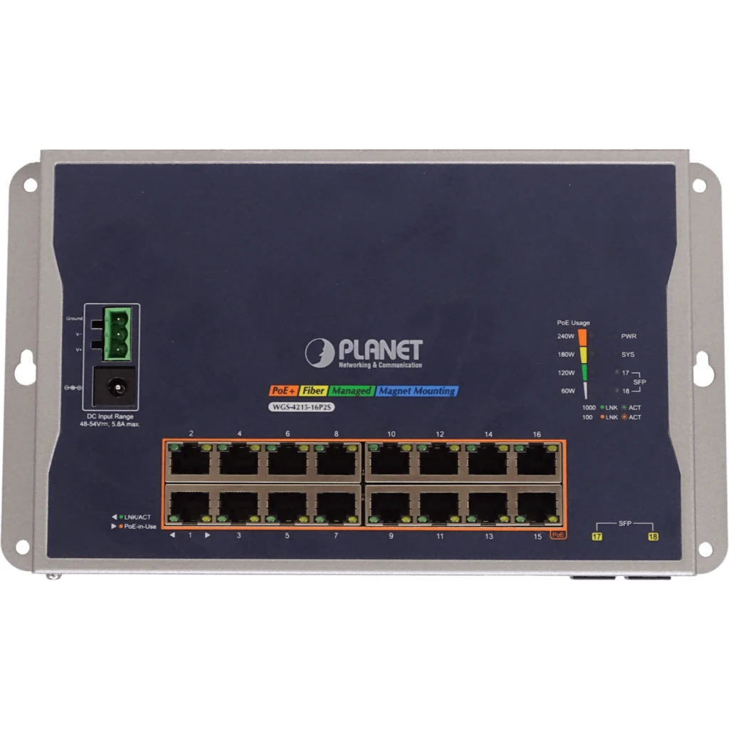 PLANET 16-1000-PoE+ 2-SFP 240W Switch Indust Admin Riel-DIN 48/54VDC