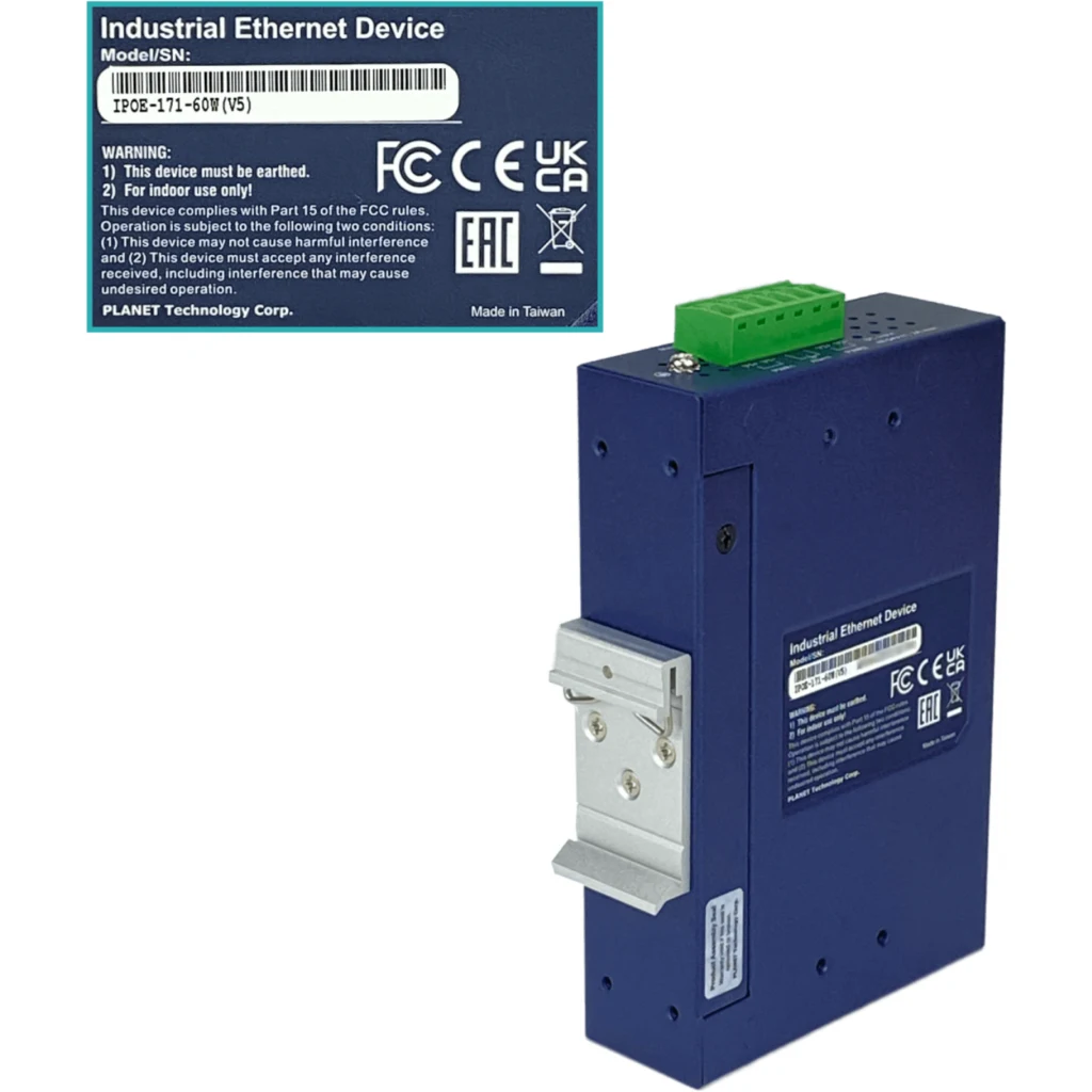 Imagen 2 de PLANET Inyector Riel-Din PoE+ 802.3at 60W 2-RJ45 Gigabit req/48-56VDC