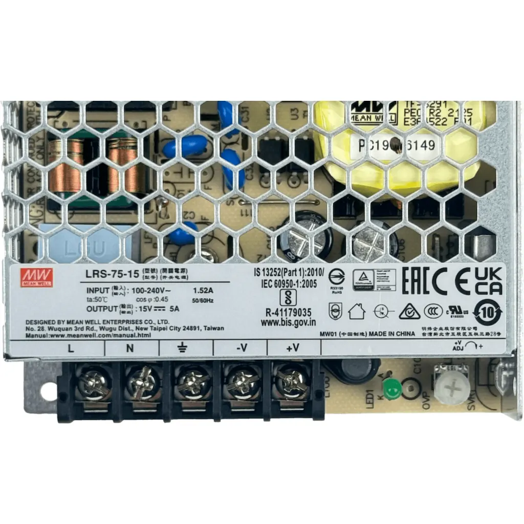 Imagen 3 de MEANWELL 75W 15V 5A Open-Frame Fuente-Poder 100-240VAC Ajustable