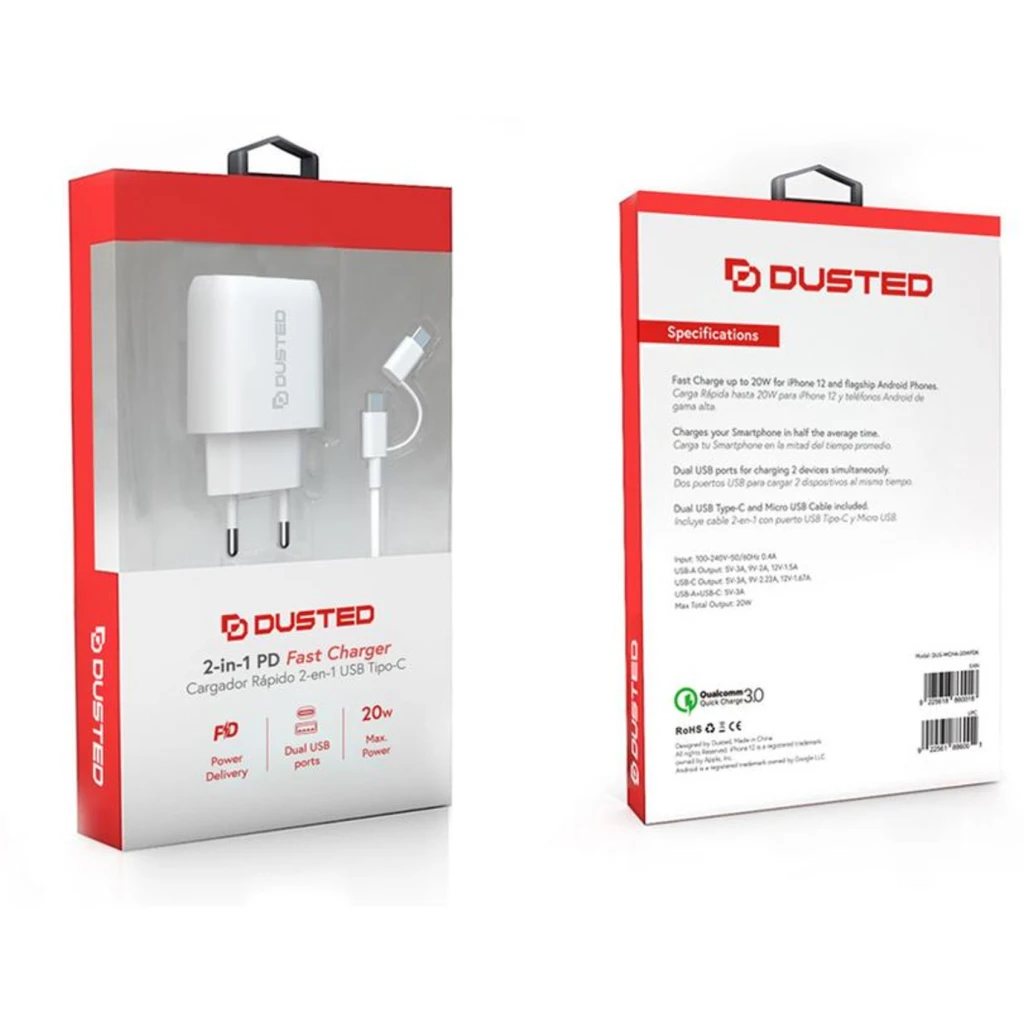Imagen 2 de Cargador USB-C PD Carga rapida 20W para iPhone y iPad Dusted con Cable 2en1 Blanco