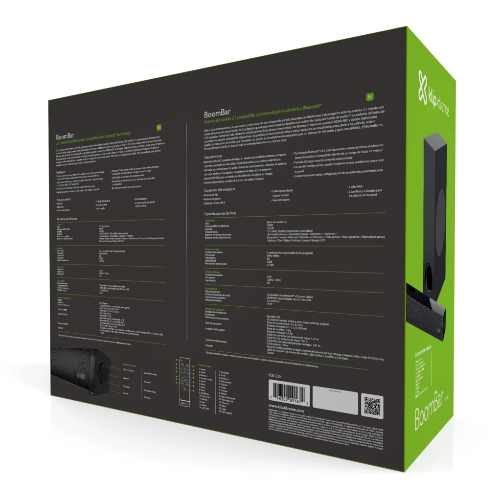 Imagen 5 de Parlantes Soundbar KlipX KSB-230, 2.1ch 160W BT HDMI OPT AUX USB Color Negro