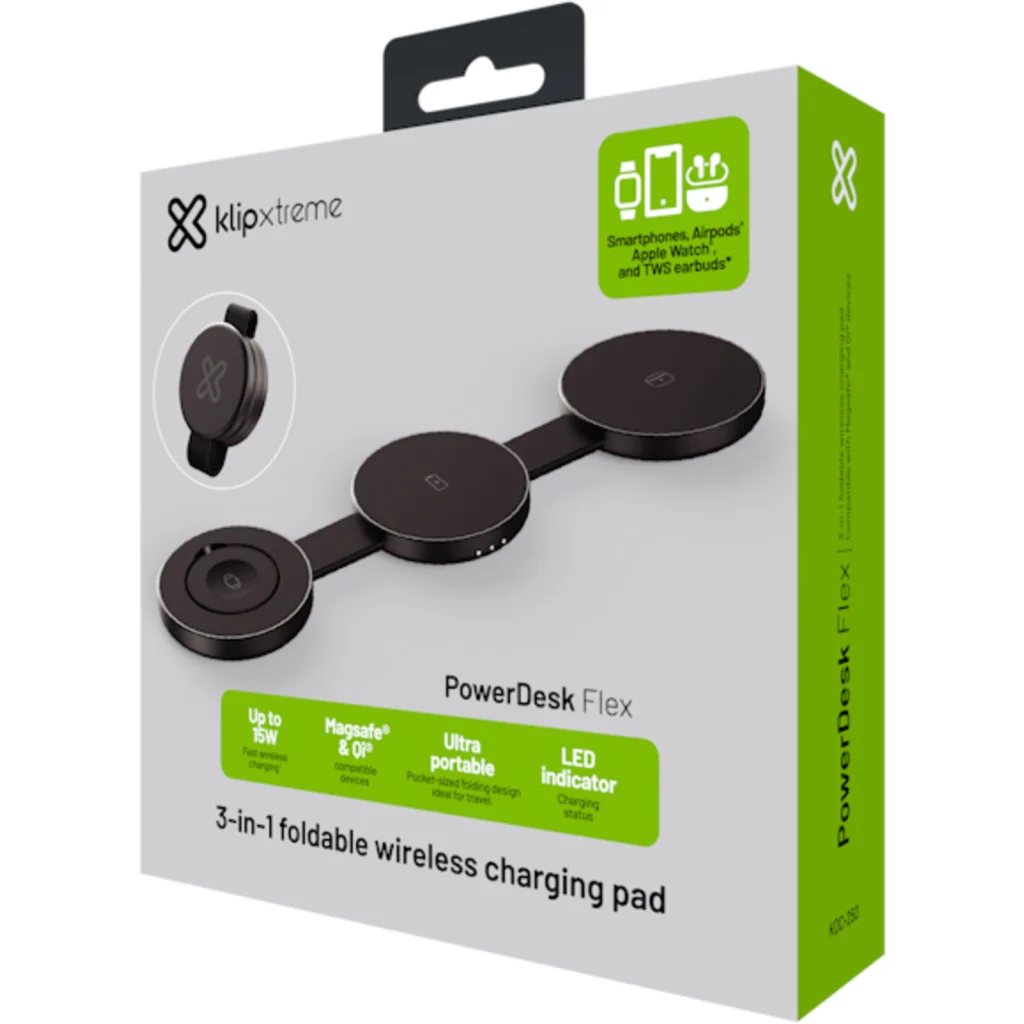 Imagen 12 de Klip Xtreme - Charging stand / battery charger - 15 Watt - 24 pin USB-C - Cellular phone / Wireless earbuds / Apple AirPods / Apple Watch - Wireless - Para Smartphones - 3 in 1 foldable