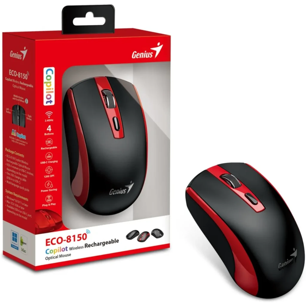 Imagen 4 de GENIUS MOUSE INALAMBRICO 2,4GHZ COPILOT RECARGABLE TYPE-C RED-ECO-8150-RD