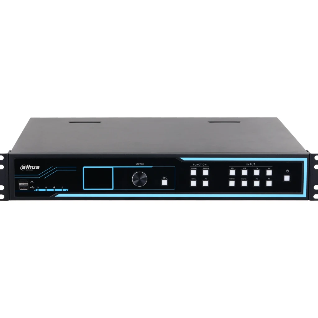 Decodificador Dahua DHI-NVD2005DU-4I-8K-4H UHD de 20x HDMI, decodifica hasta 10 canales 32 MP o 180 canales 1080p. Admite video wall de 20 pantallas, IA, LAN ópticas y Gigabit para monitoreo avanzado