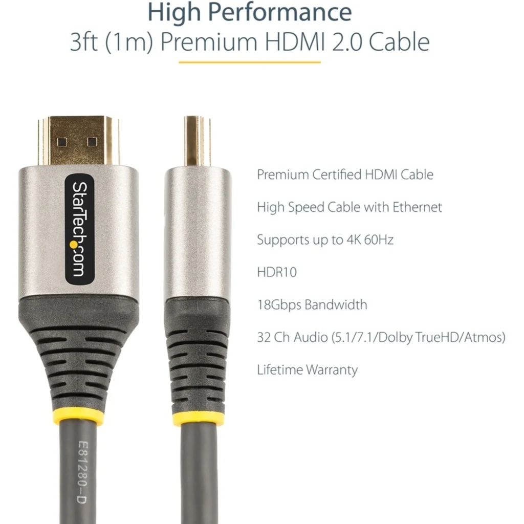 Imagen 6 de Cable HDMI v2.0 M/M 4K 60Hz UHD c/Ethernet HighSpeed Premium Certif 1mt StarTech