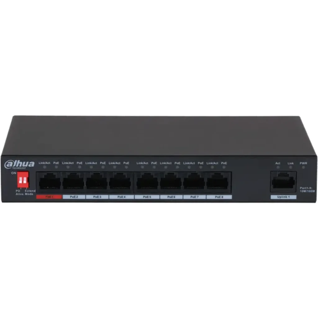 Switch Dahua DH-PFS3009-8ET-96. 8 Puertos 10/100 + 1 Uplink 96w PoE No Admin