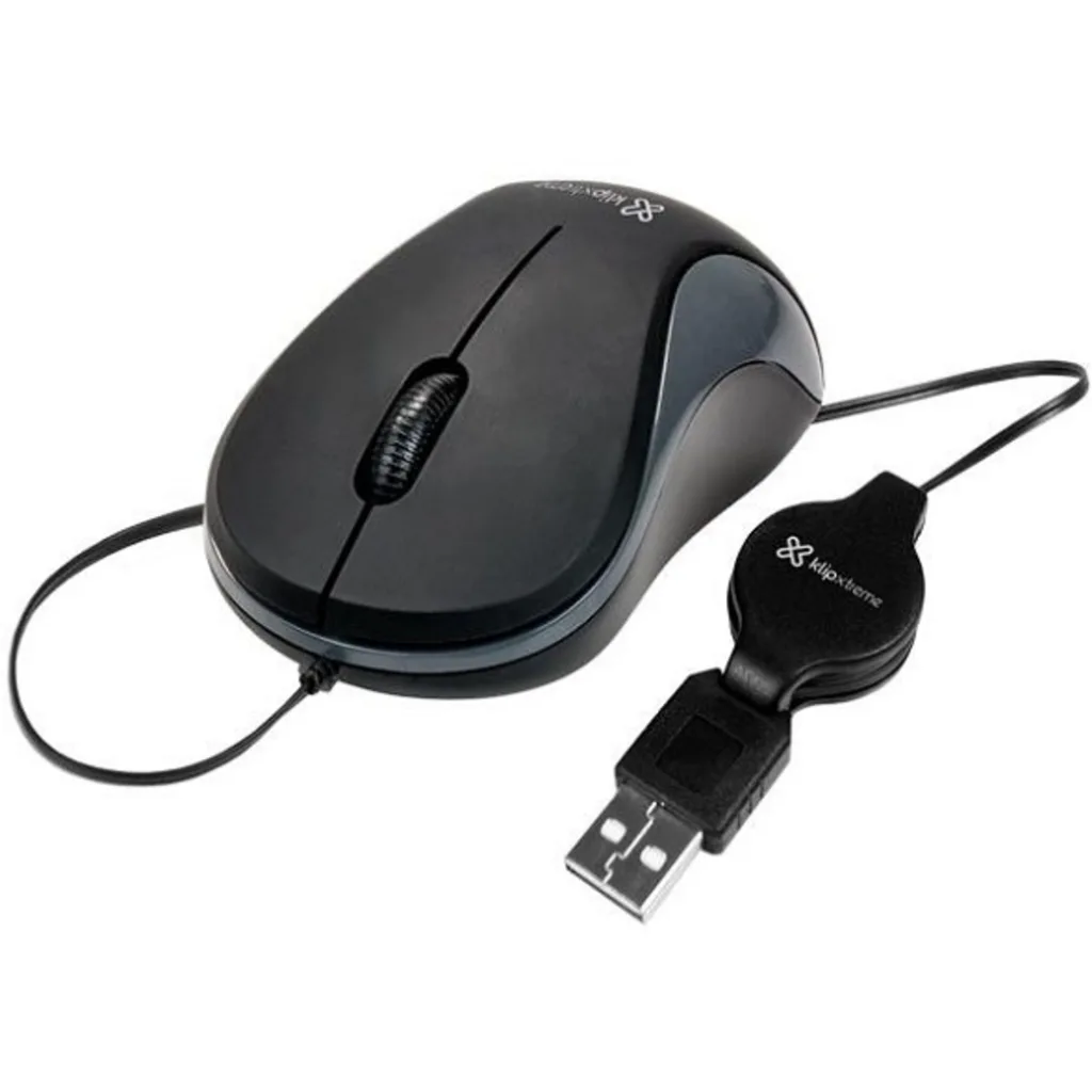 Imagen 1 de Mouse Alámbrico KlipX KMO-113 Ópticvo 1600dpi Retractil 3 Botones USB Negro (Sin Empaque Original)