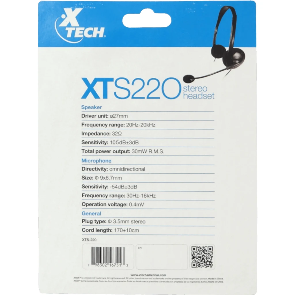 Audífonos Alámbricos X-Tech XTS-220  3.5mm con Micrófono Color Negro