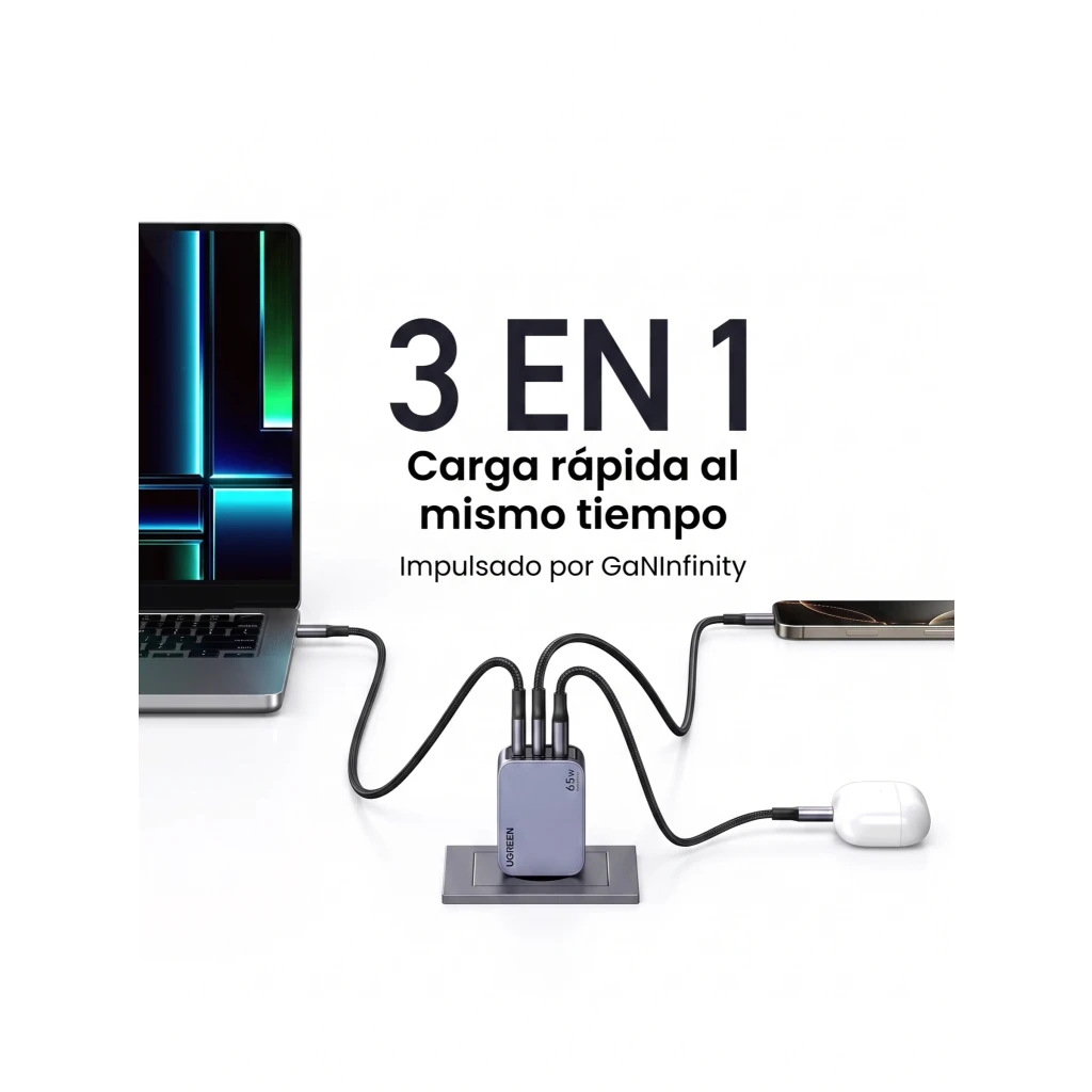 Imagen 5 de Cargador Rapido Ugreen Nexode Pro 65W 3 puertos 2x USB-C 1x USB-A + Cable USB-C