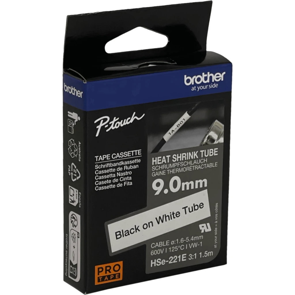 BROTHER 9mm Termoretractil 1,6-5,4mm Negro en Blanco Tubo 1,5mt