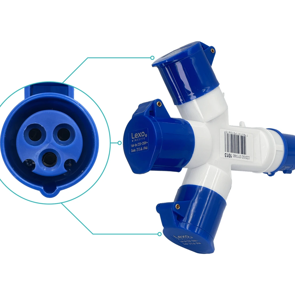 LEXO Triple Enchufe Industrial 1-Macho 3-Hembra 2P+T 16A IP44 250V
