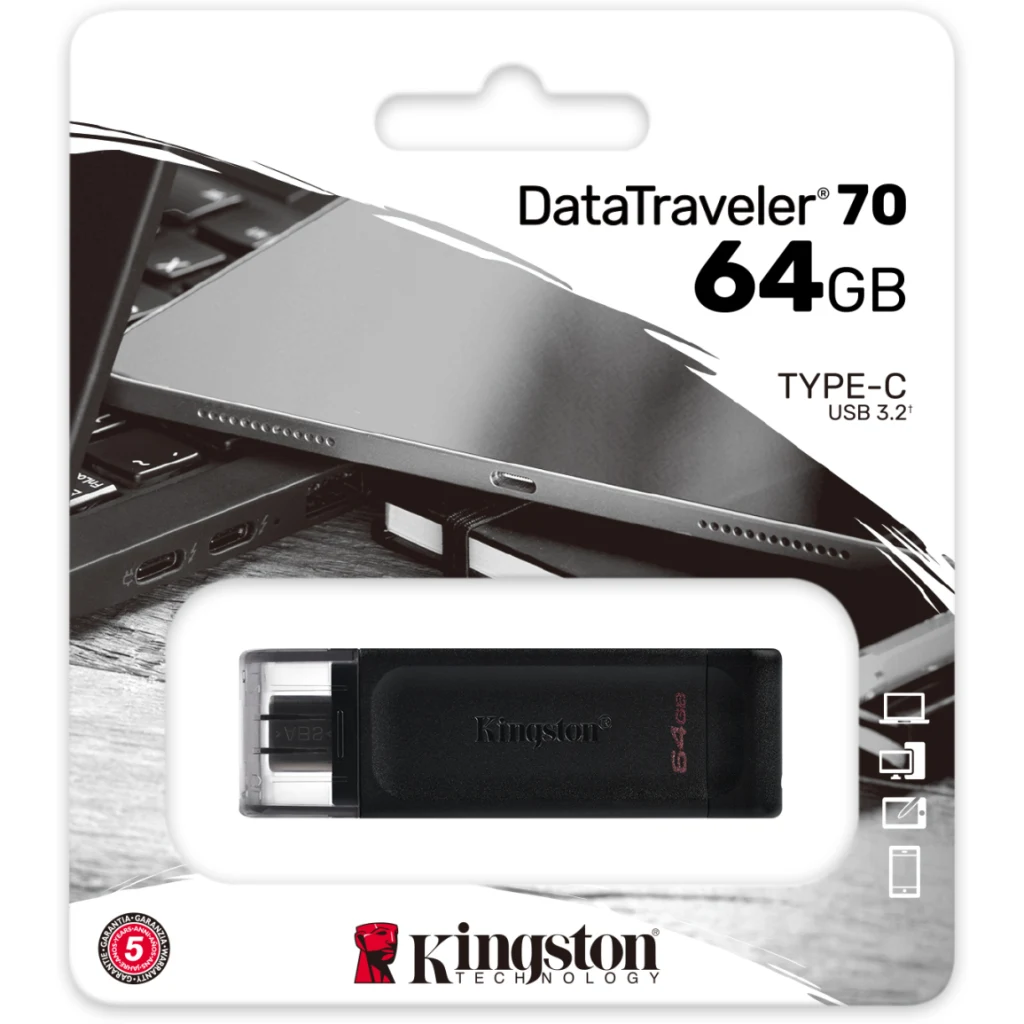 Imagen 4 de Pendrive 64GB Kingston DataTraveler 70 USB-C Lec 110MB/s Ecs 8MB/s Negro Win/MAC