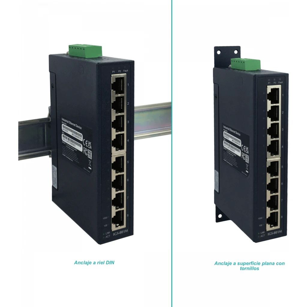 Imagen 2 de PLANET 8-1000 Switch Indust Admin Riel-DIN Gigabit req 12-48VDC 24VAC