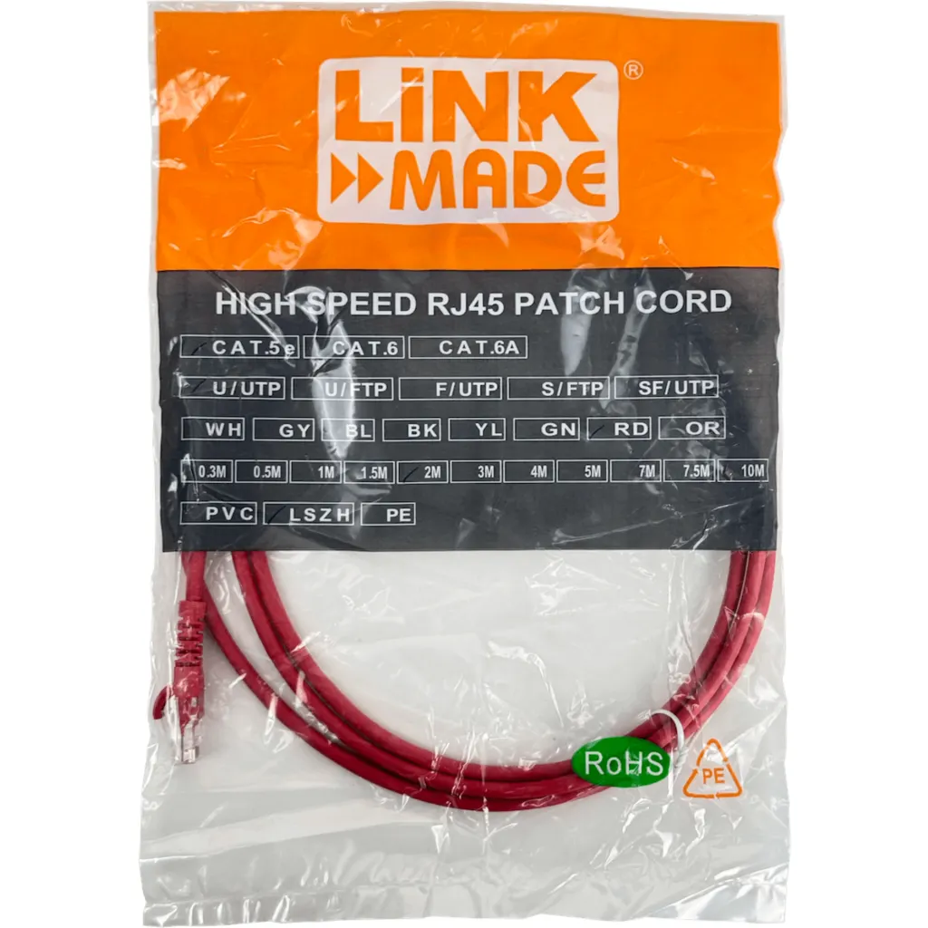 Imagen 1 de LINKMADE 2MT CAT5E ROJO LSZH CABLE PATCH INYECTADO MULTIFILAR