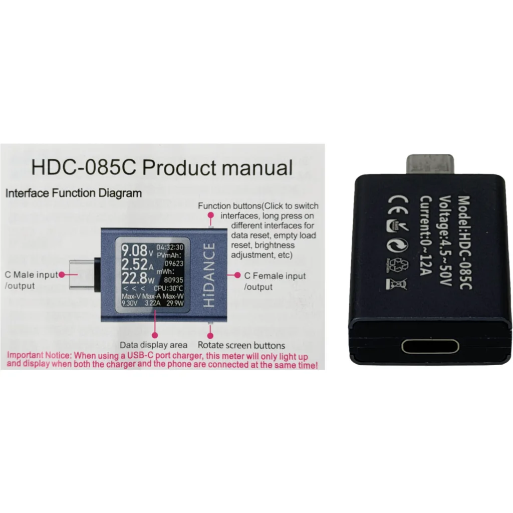 Imagen 3 de Tester mWh mAh Digital USB-C 4,5-50VDC 0-12Ampere 0-600Wats 1-CM 1-CH