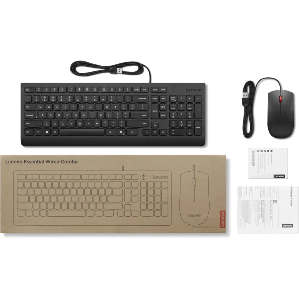 Imagen 3 de Kit Teclado Mouse Alámbrico Lenovo, óptico 1600dpi USB Negro