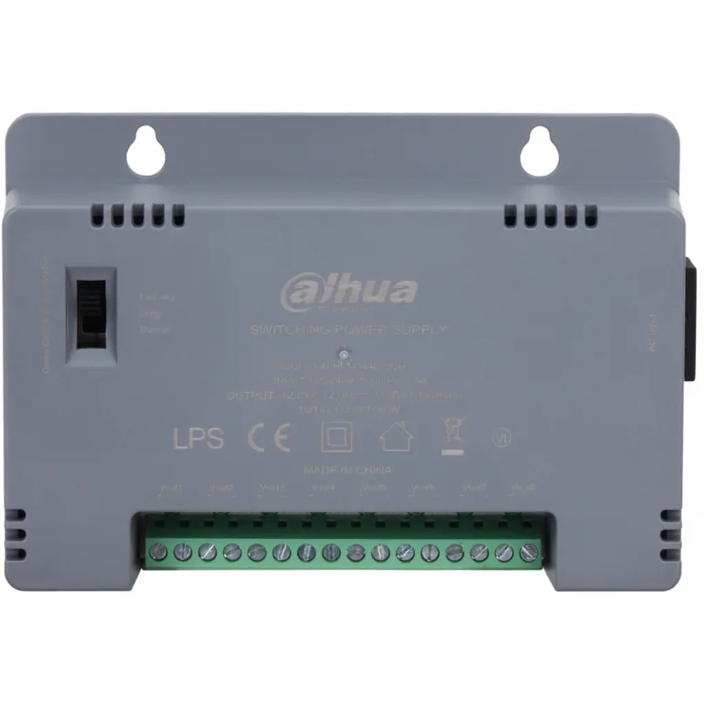 Imagen 3 de DH-PFM344D-8CH-EN. Fuente de poder Dahua de 8 canales, fuente entrega un maximo de 12W por canal considerando un maximo de 60Watt de entrega en el total de sus salidas.