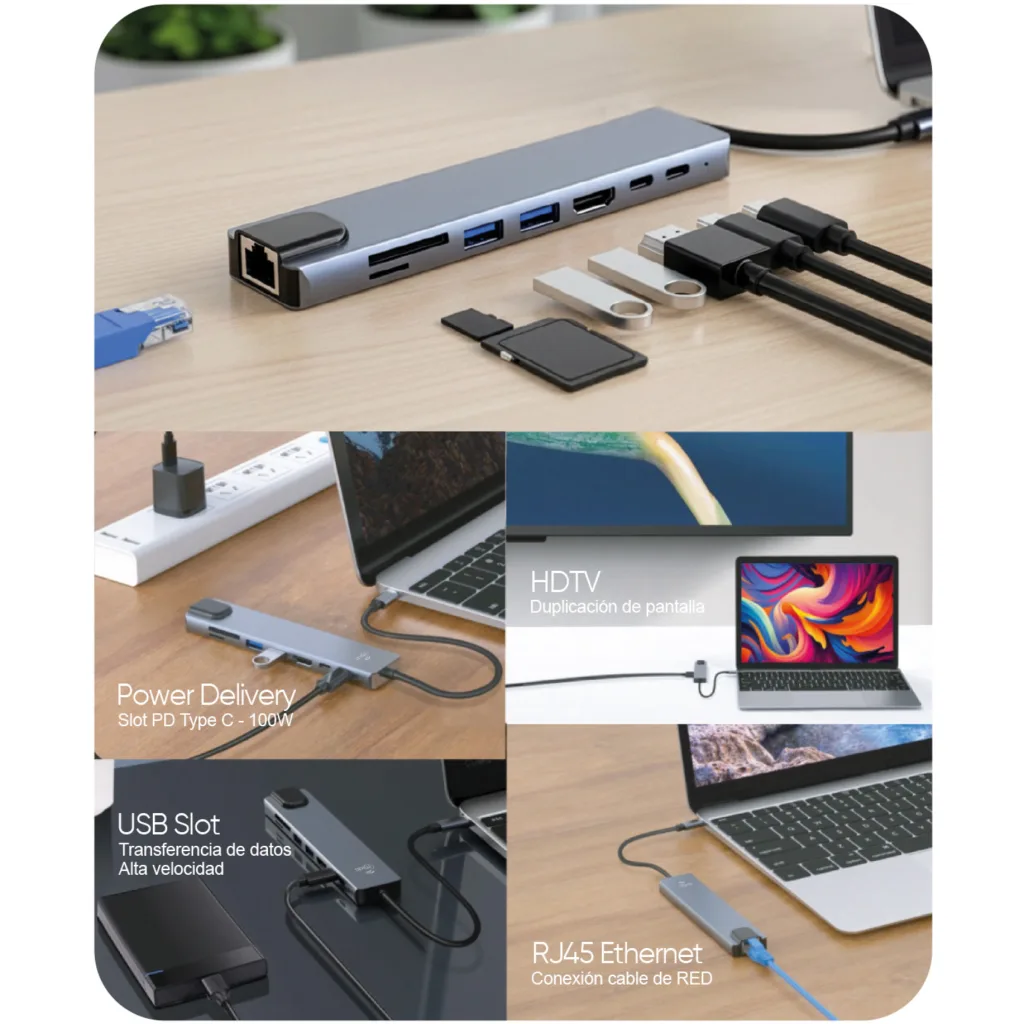 Imagen 1 de MLAB HUB ADAPTADOR 8 EN 1 TYPE-C A RJ45 + HDMI + SD/TF CARD + PD100W + USBC2.0 + 1USB3.0 + 1USB2.0