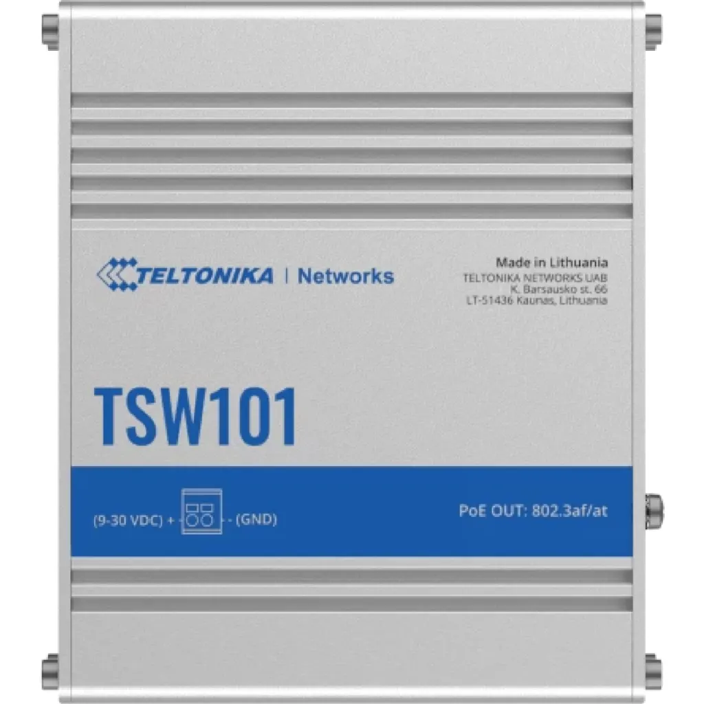 Switch Teltonika TSW101, 5x Gigabit, 4 PoE+, 9-30 VDC, Carcasa Metálica
