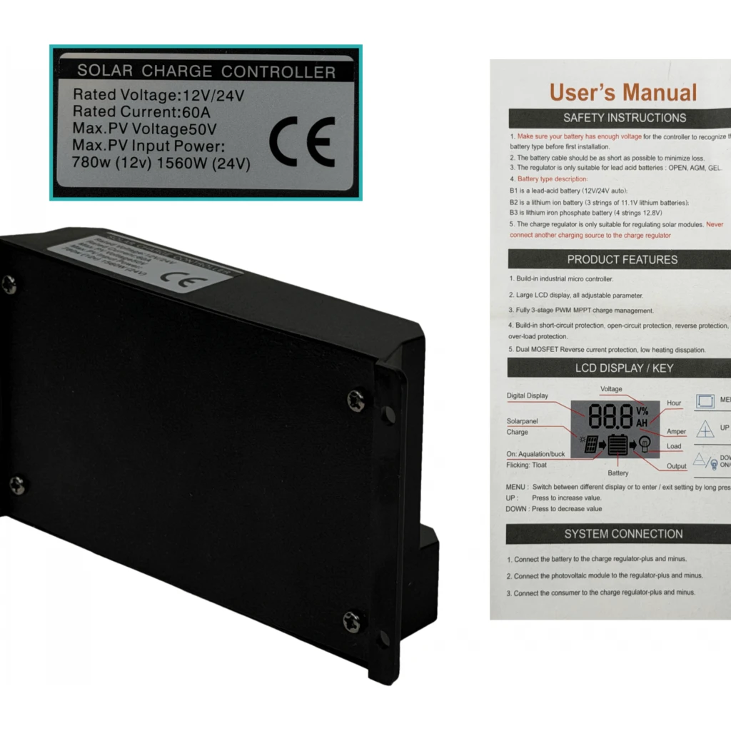 Imagen 6 de 12V/24V 60A FV-50V Regulador Carga PWM MPPT Solar 2-USB-A