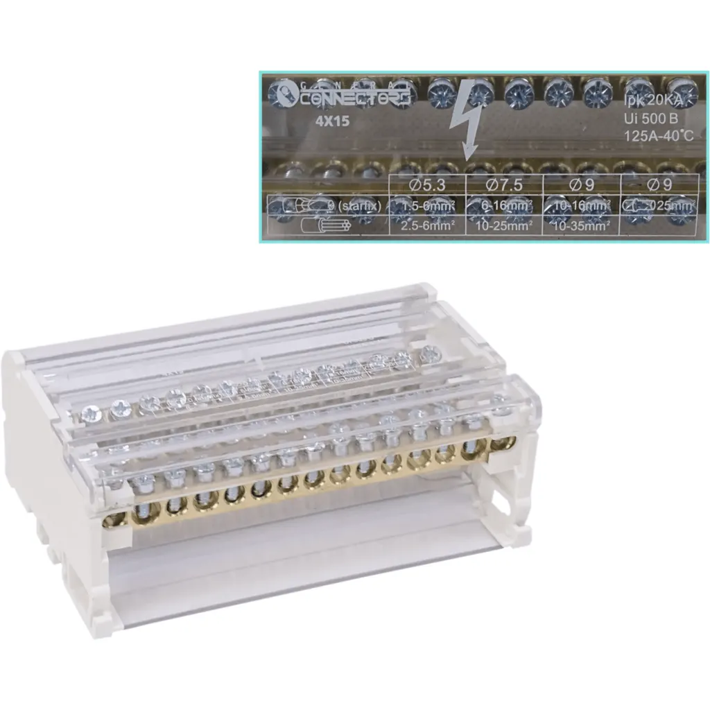Imagen 1 de 4x15 Repartidor Tetrapolar 125A 40oC 2x25 2x35 11x10mm2 Art.6834