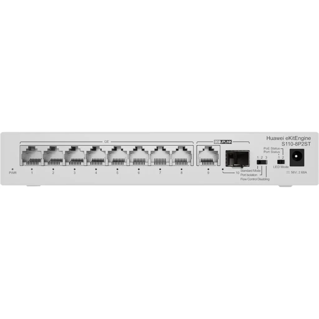 S110-8P2ST. Switch Huawei eKit 8 puertos PoE+ 10/100/1000Base-T 1 Puertos 1GE SFP capacidad de conmutación de 20 Gbit/s capacidad de reenvió de paquetes de 14.88 Mpps