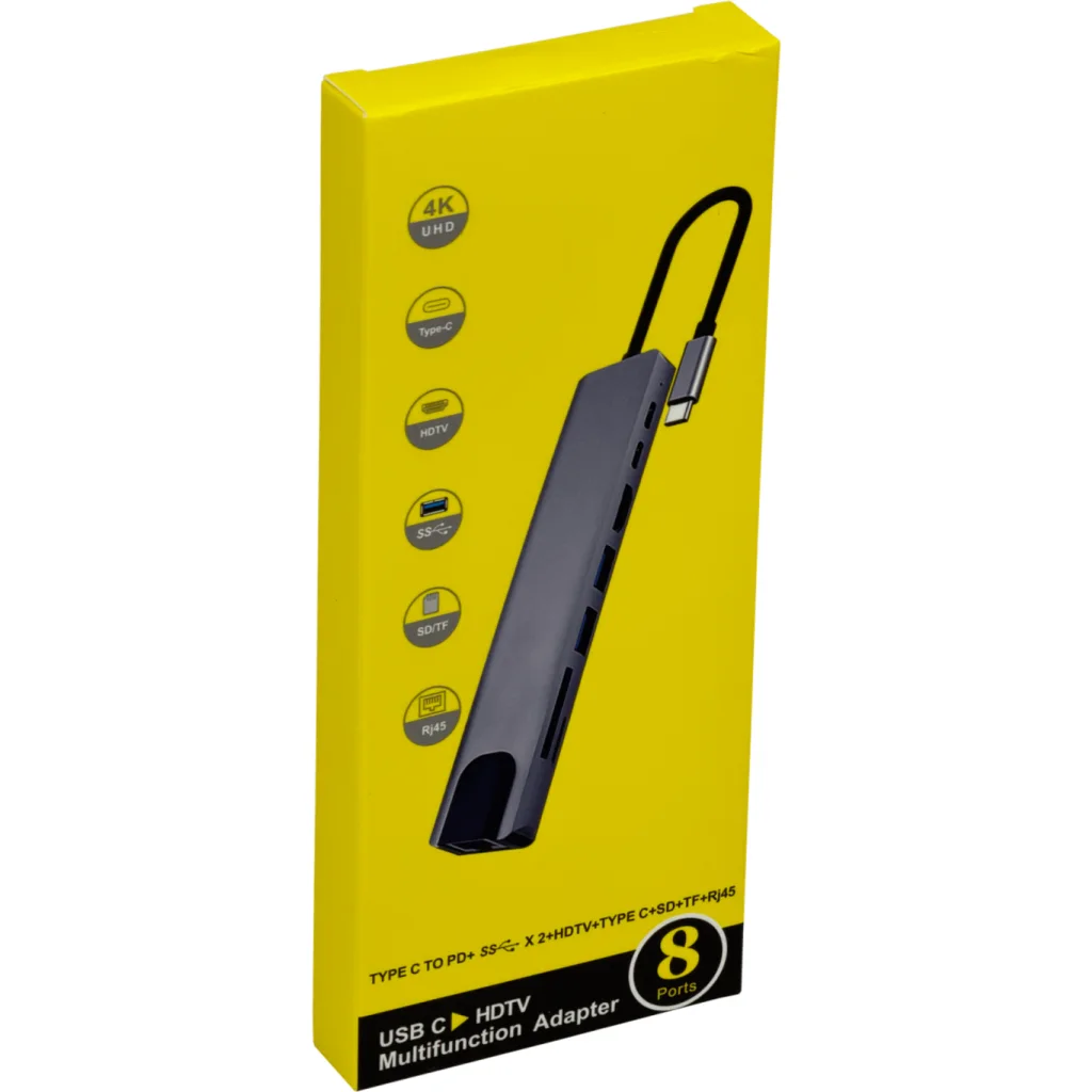 HUB USB-C a Puertos 2*USB-C HDMI USB-A SD/mSD RJ-45 10/100 Aluminio 