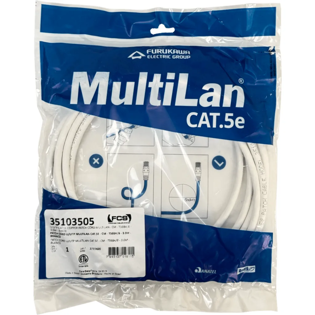 Imagen 1 de FURUKAWA 3mt Cat5e Blanco U/UTP CM Cable Patch RJ45 Multilan 35103505