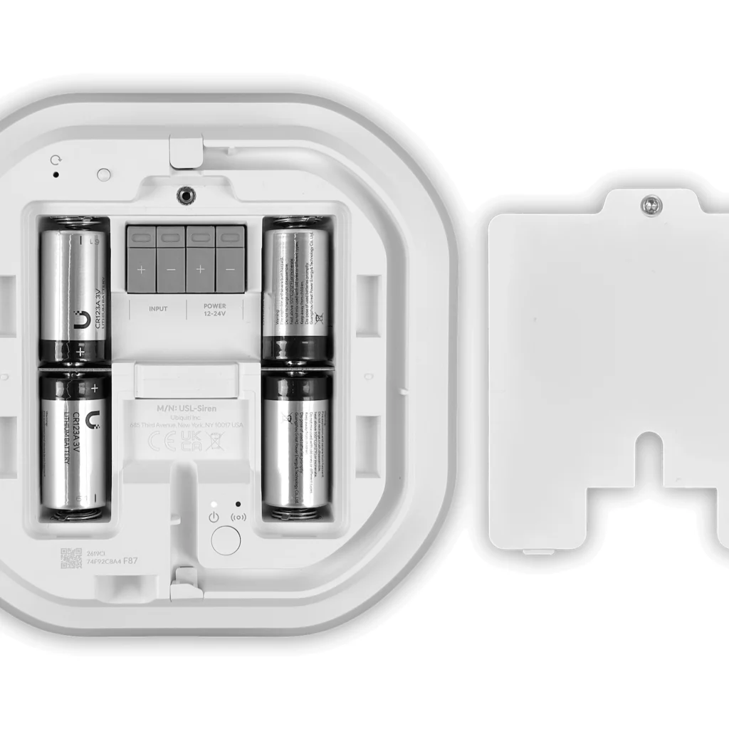UniFi Siren Alarme c/ buzzer LED RGB IP56 Alcance 2km SuperLink (1) entrada sinal (1) power Req: 4x CR123A ou 12–24V DC