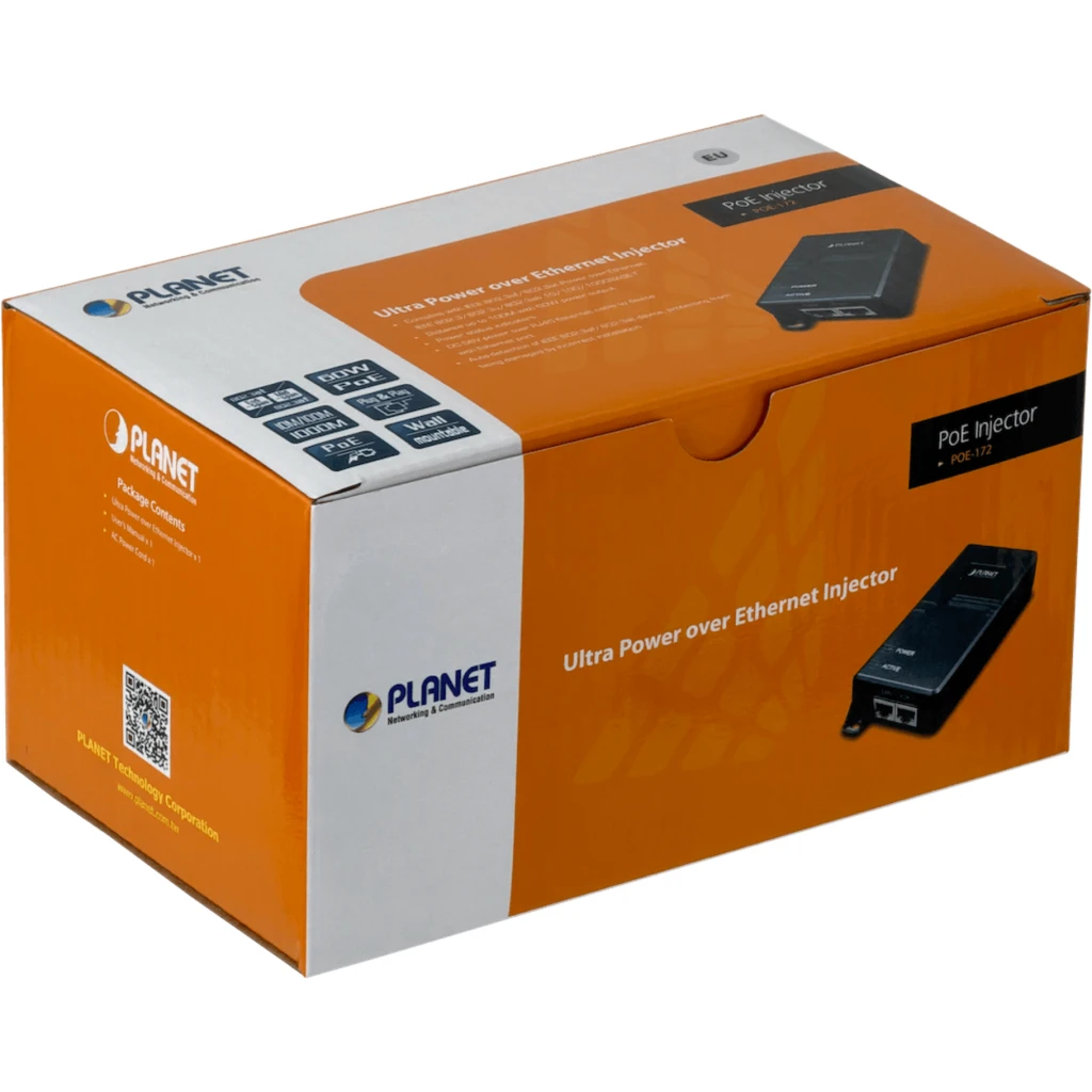 Imagen 1 de Inyector Planet 220VAC A POE+ 802.3AT 56V 60W 2-RJ45 GIGABIT REQ/CABLE