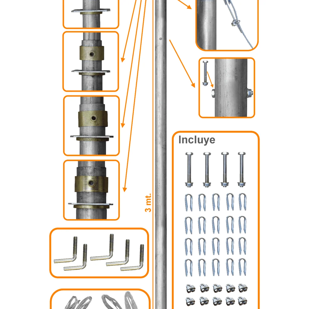 LINKMADE 50pies 15mt Mastil Telescopico con Vientos 5-Tubos-3mt