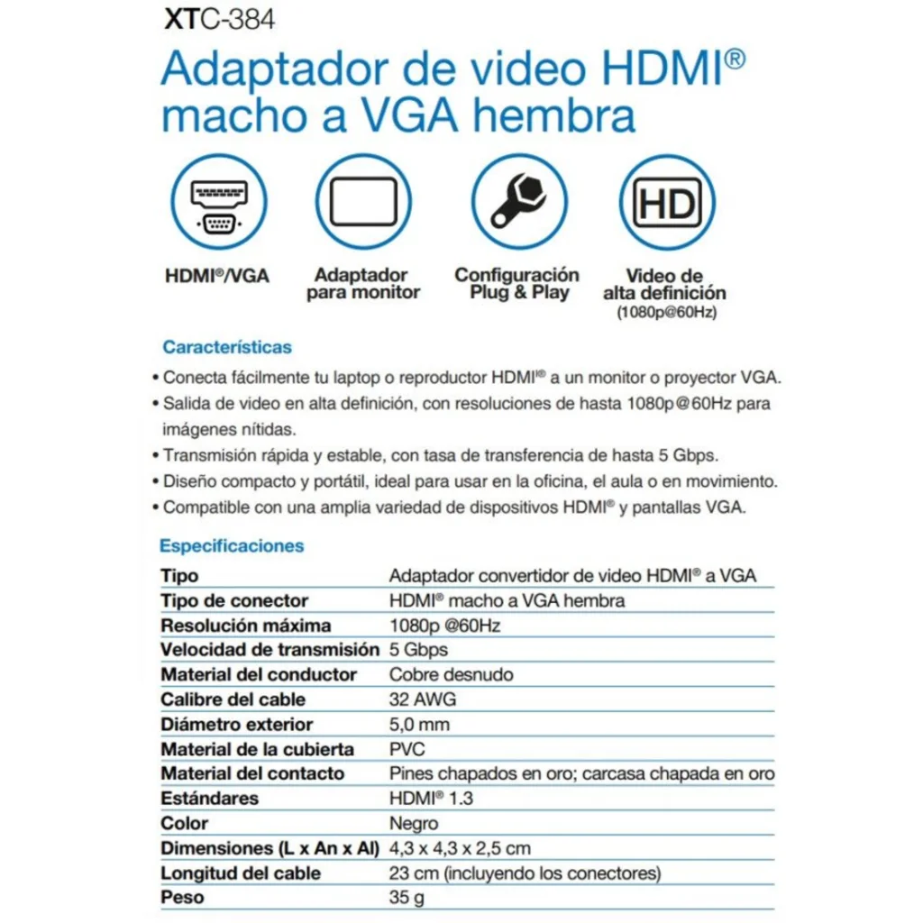 Imagen 4 de Adaptador de Video XTech XTC-384, HDMI Macho a VGA Hembra