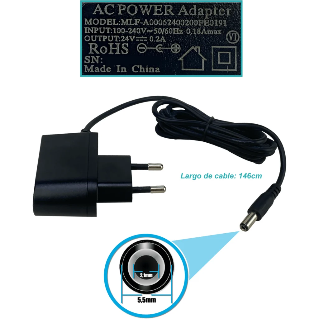 Fuente Poder 24VDC 0,2A 200mA 5W interior Plug-5,5x2,1mm p/Mikrotik