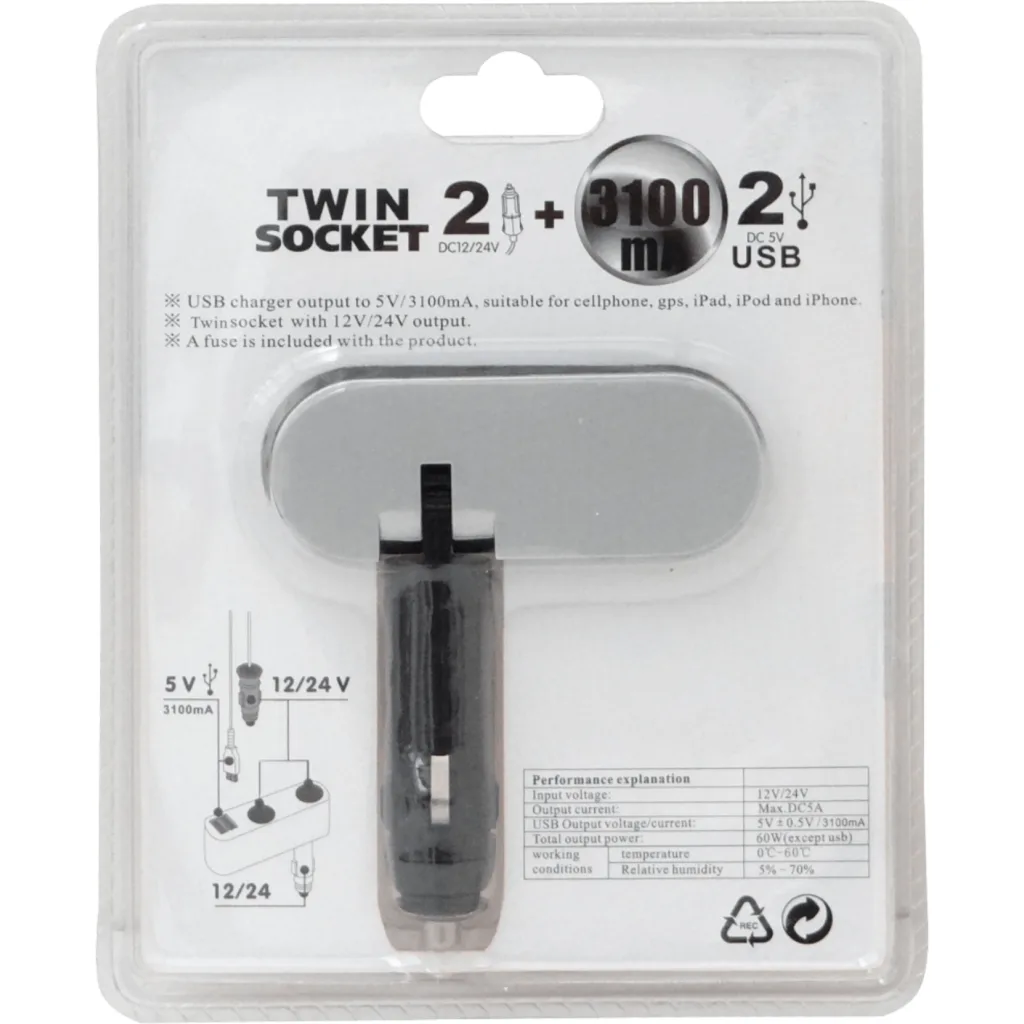 Imagen 2 de 2-Vehicular-Hembra 2-USB-Hembra-AH 5VDC 3,1A 12V/24V-Macho-Encendedor