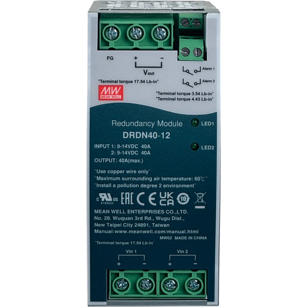 Imagen 1 de MEANWELL 12VDC 40A Modulo de Redundancia Ancho-55mm Riel-DIN 9-14VDC