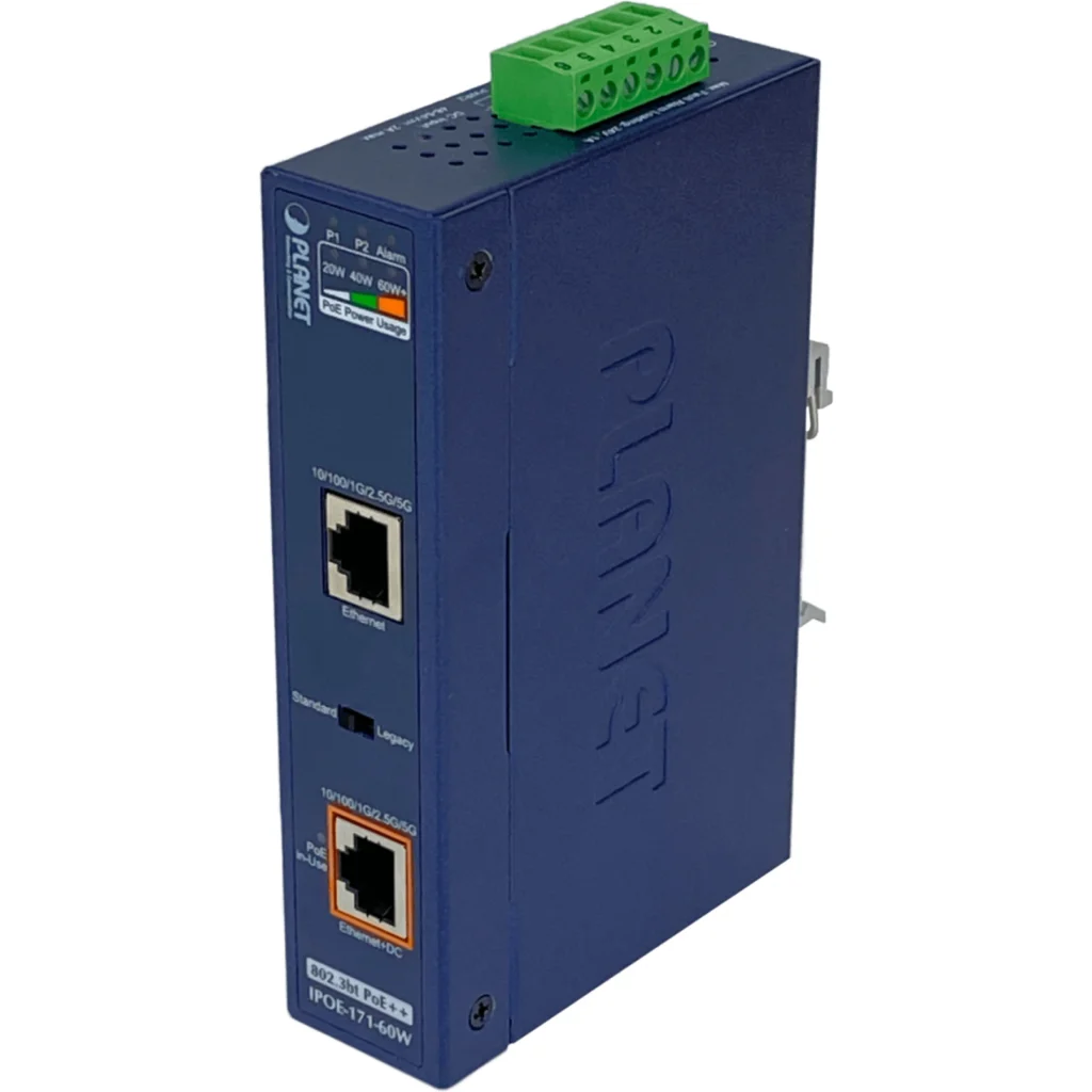 PLANET Inyector Riel-Din PoE+ 802.3at 60W 2-RJ45 Gigabit req/48-56VDC