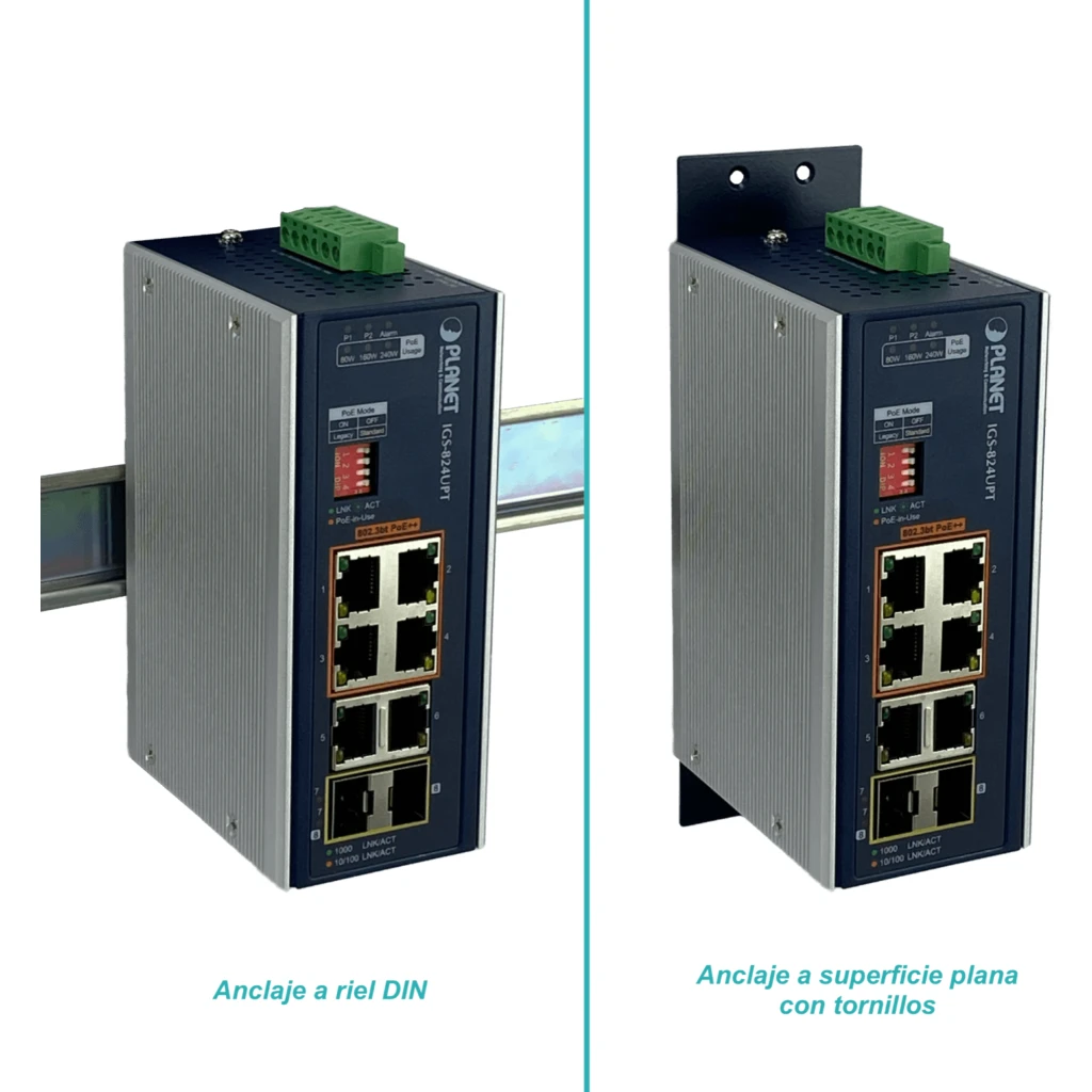 Imagen 2 de PLANET 4-1000-PoE++ 2-1000 2-SFP 240W-tot RielDIN Switch Indust 8p