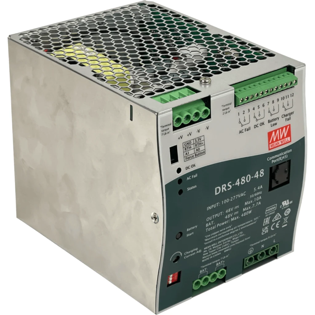 MEANWELL 48VDC 10A 480W 10-100AH RJ45 Anch-110mm req/100-277V Riel-DIN